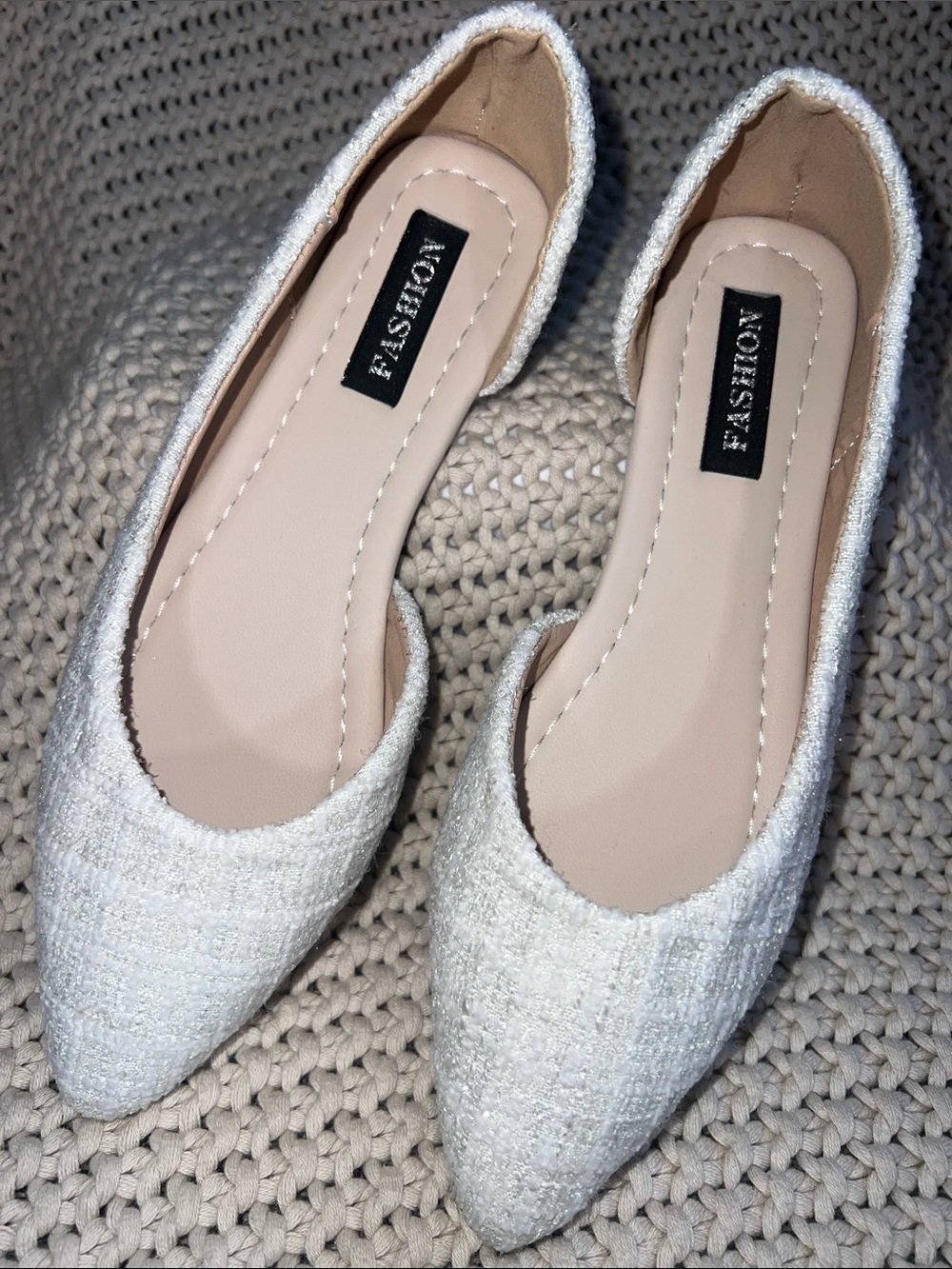 Cream Tweed Pointed Toe Flats - Women